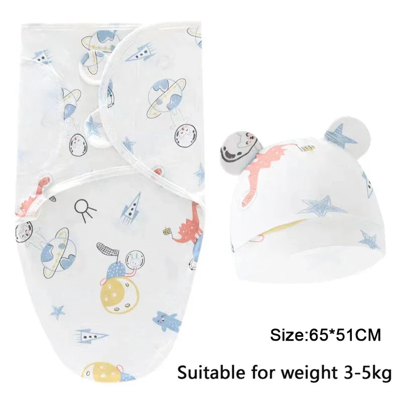 Newborn 0-6M Cartoon Printed Cotton Swaddle Set - Adjustable All-Season Baby Blanket & Hat