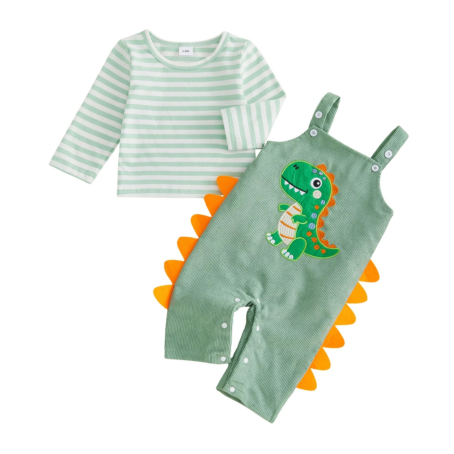 Toddler Boys Autumn Clothes Striped Crew Neck Shirt and Dino Print Overalls Set for Fall Season Fashion 2 Piece Outfit