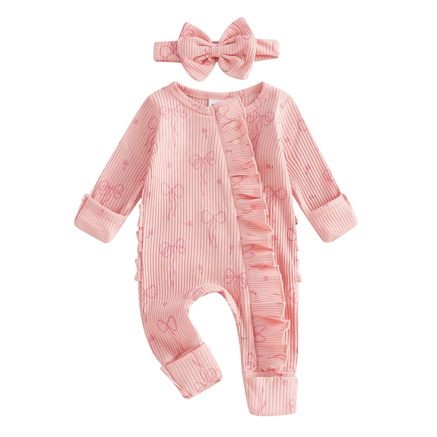 Adorable Baby Girls Floral Print Ruffle Sleeve Romper with Matching Bow Headband Set for Stylish Toddler Outfits and Photoshoots