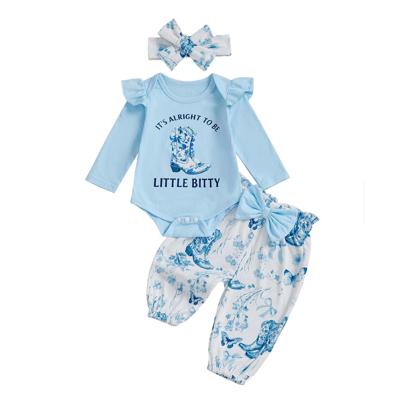 Baby Girl Western Outfits Letter Long Sleeve Round Neck Romper Floral Pants Headband 3 Pcs Set