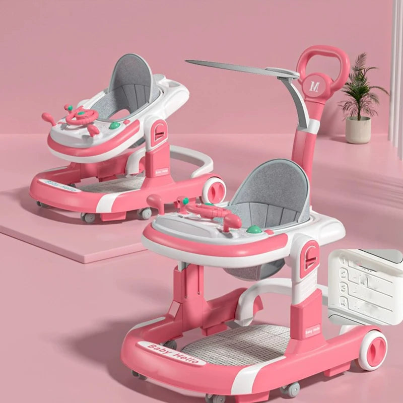 4 in 1 Baby Walker Toddler Baby Push Walker with Sunshade, Removable Feeding Tray and Music Tray Foldable Walker