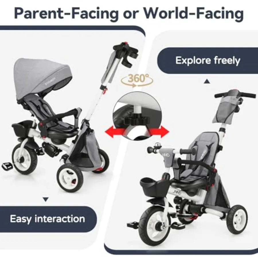 8 in 1 Foldable Tricycle Stroller with Push Handle for 18 Months to 5 Years Gray 360 Swivel Seat Reclining Backrest All-Terrain