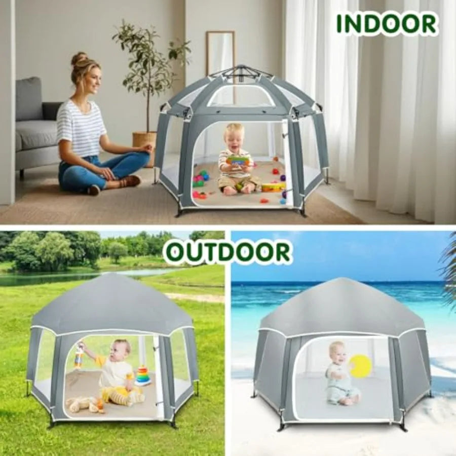Light Gray Pop Up Playpen for Baby 150100 cm LH with Removable Sun-Shades 2 Side UV Covers Lightwght Outdoor Baby Playpen for B