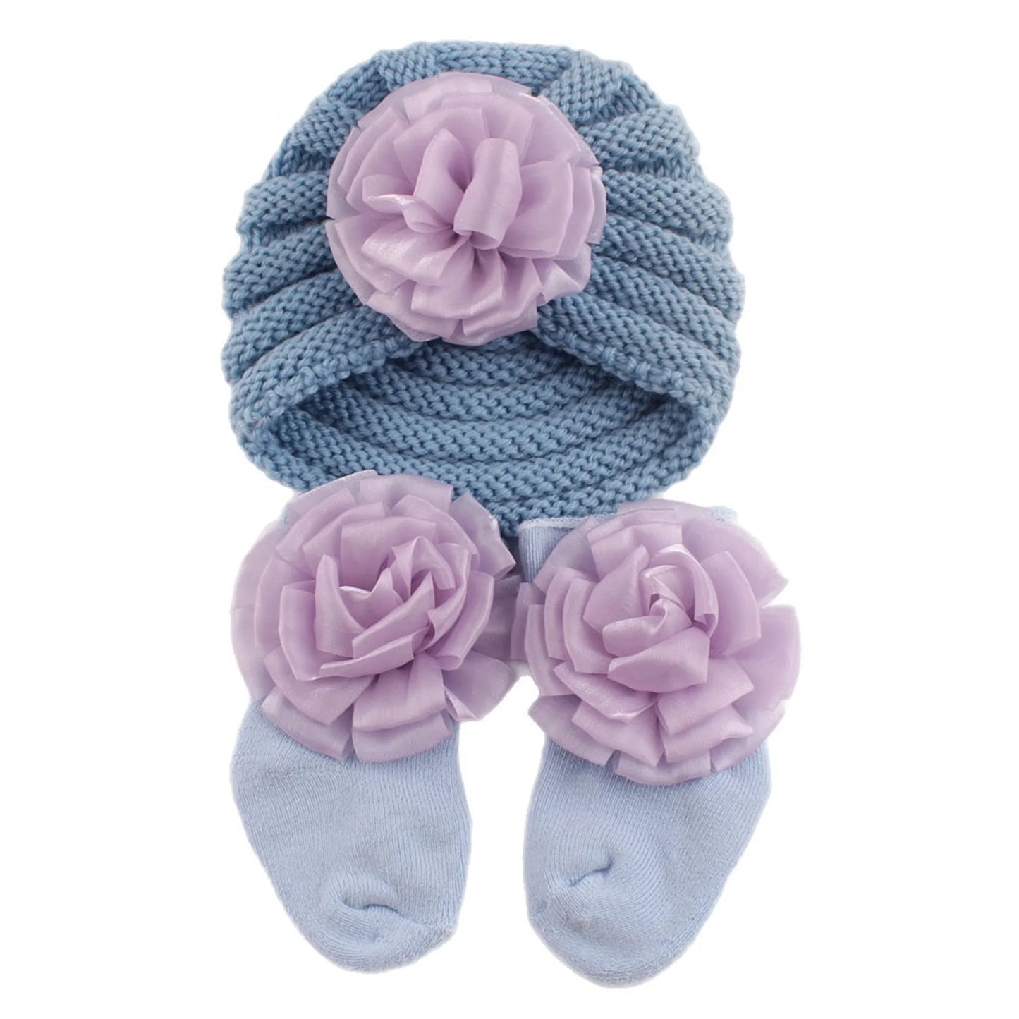 Adorable Baby Girl Knitted Hat and Socks Set with Delicate Floral Embroidery - Cozy Infant Winter Beanies and Booties