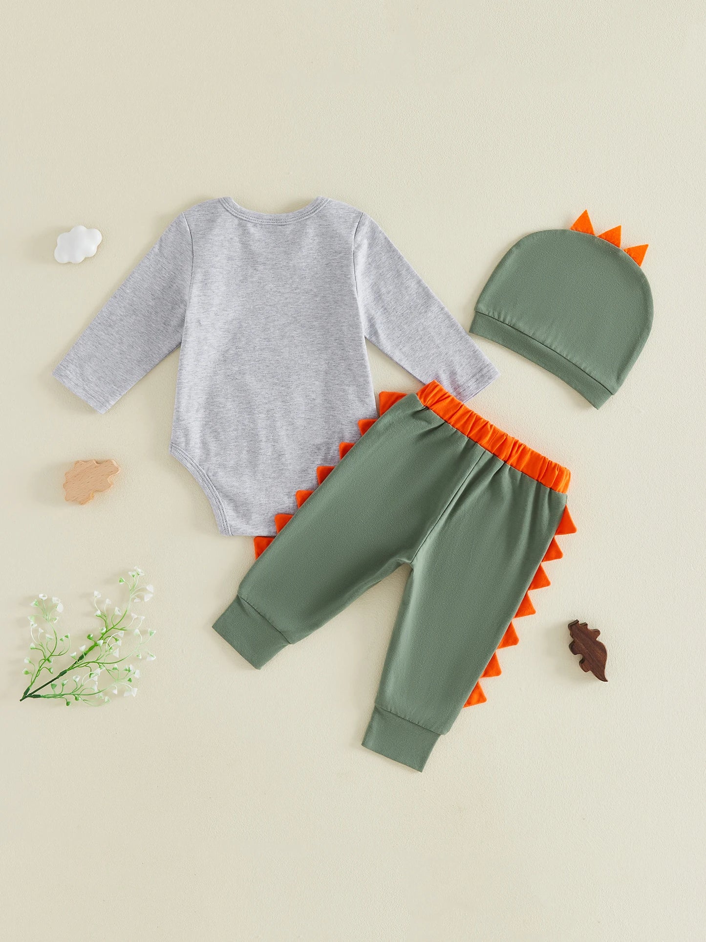 Adorable Baby Boy s Stylish 3-Piece Set with Long Sleeve Dinosaur Print Romper Pants and Hat for a Fashionable Look