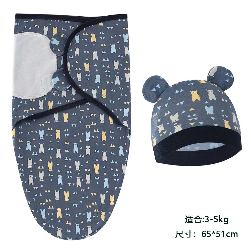 Newborn 0-6M Cartoon Printed Cotton Swaddle Set - Adjustable All-Season Baby Blanket & Hat