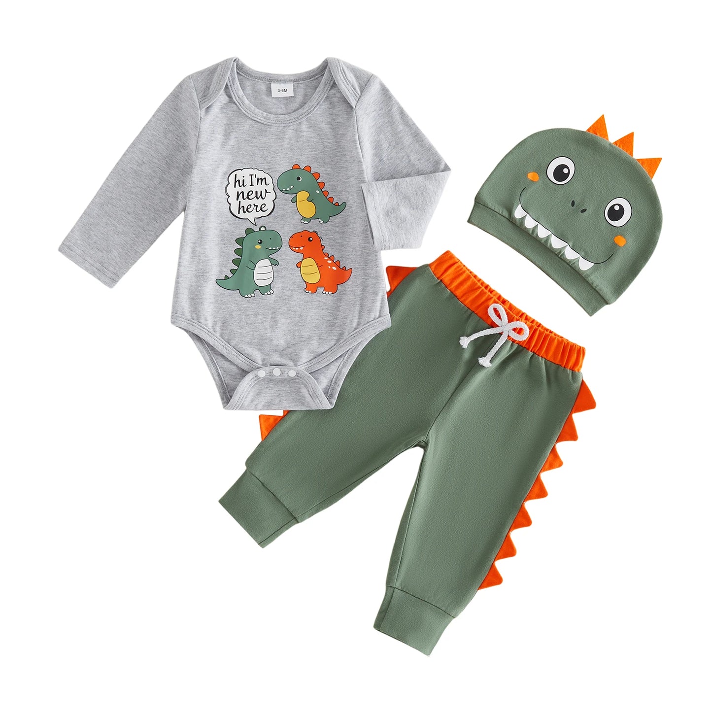 Adorable Baby Boy s Stylish 3-Piece Set with Long Sleeve Dinosaur Print Romper Pants and Hat for a Fashionable Look