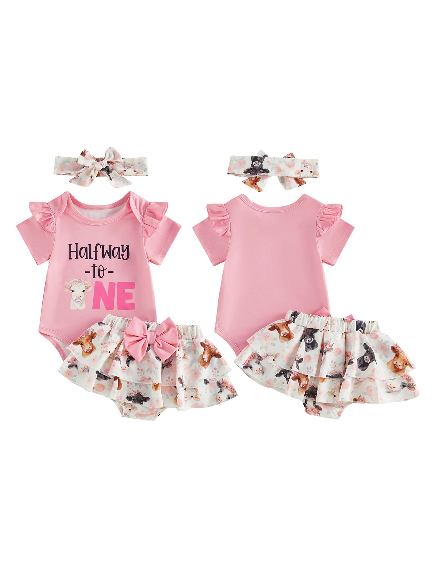 Baby Girl 6 Month Birthday Set with Ruffle Romper Skorts and Headband - Cute Letters Print Outfit for Half Year
