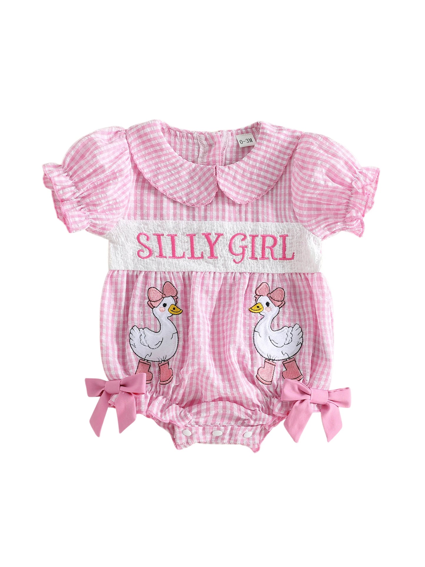 Adorable Baby Girl Romper with Puff Sleeves and Doll Collar Featuring Embroidered Letters and Plaid Print Perfect for Summer