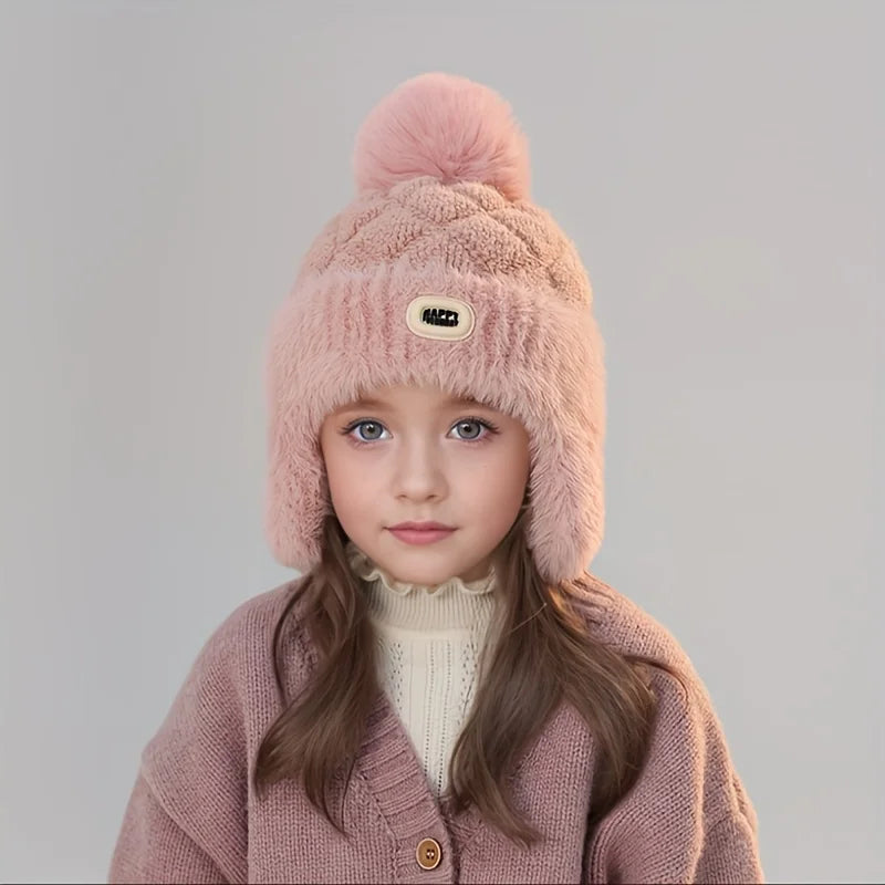 Unisex Kids Winter Windproof Beanie with Ear Flaps - Pastel Pink Warm Hat for Skiing & Snowboarding