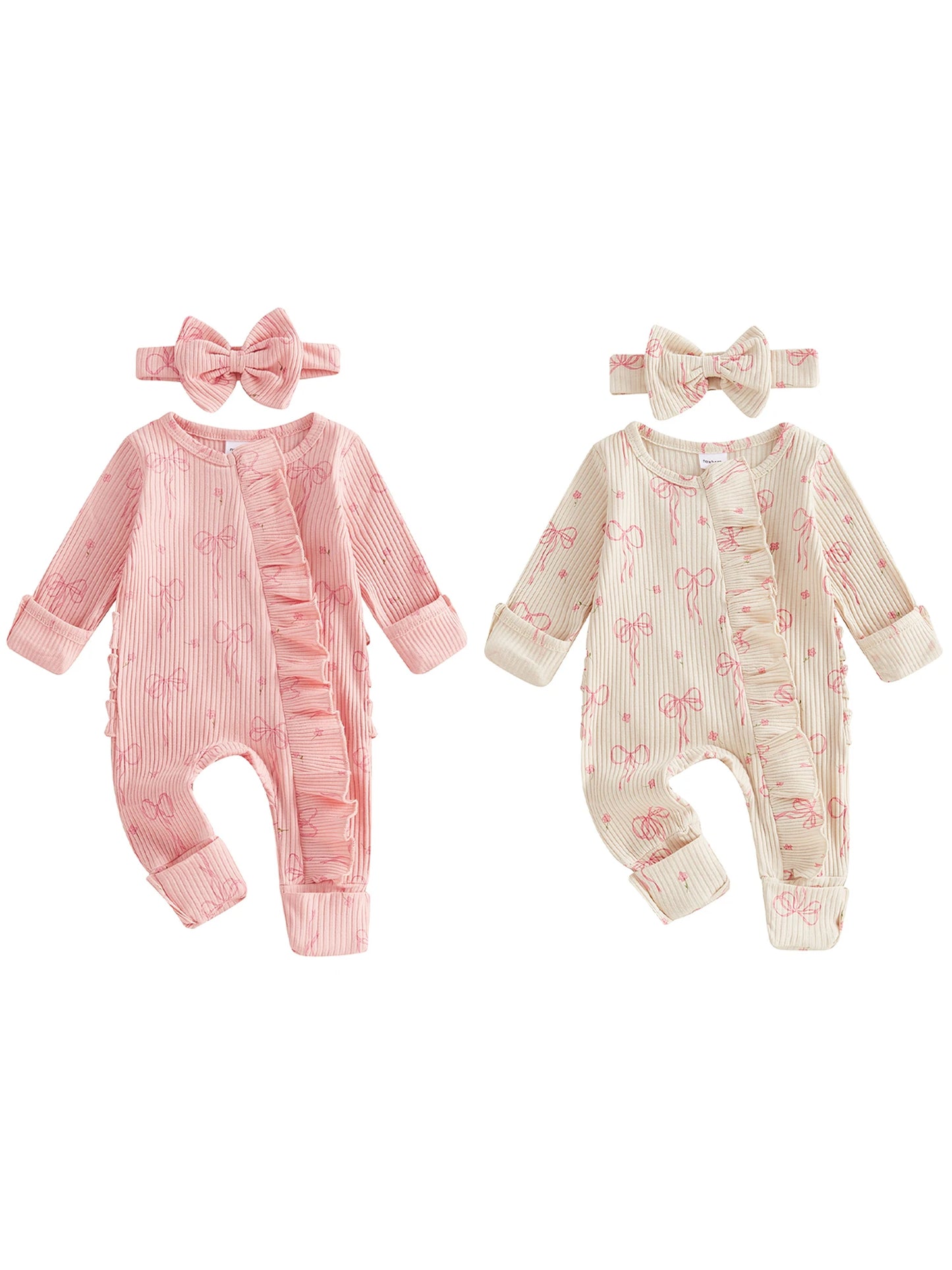 Adorable Baby Girls Floral Print Ruffle Sleeve Romper with Matching Bow Headband Set for Stylish Toddler Outfits and Photoshoots