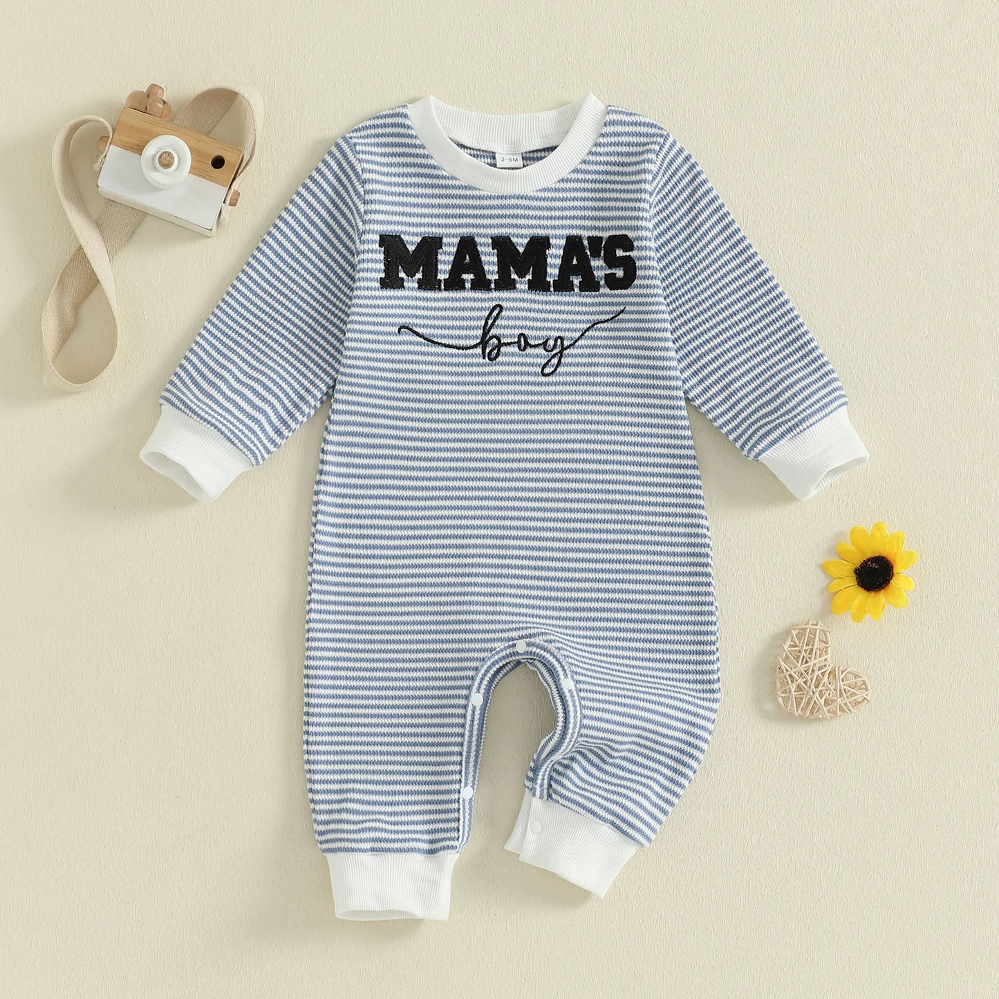 Lioraitiin Baby Boys Fall Romper Letter Embroidery Long Sleeve Round Neck Full Length Waffled Stripe Jumpsuit