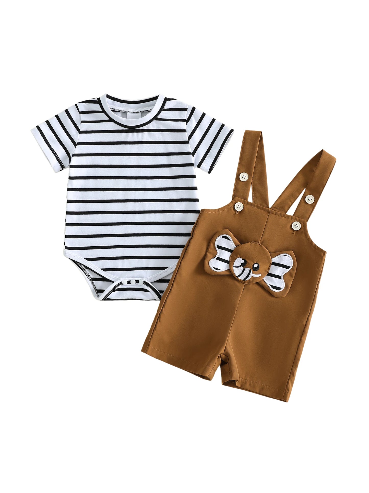 Toddler Boys Casual Outfits Striped Short Sleeve T-shirt and Denim Overalls Set with Cute Animal Patchwork 2 Pieces Summer
