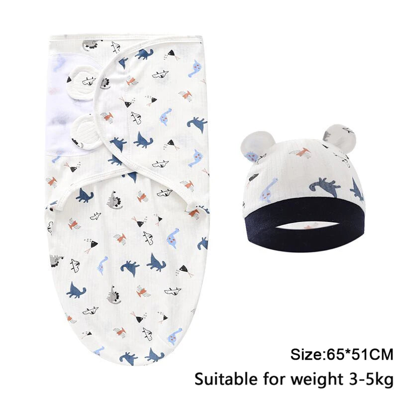 Newborn 0-6M Cartoon Printed Cotton Swaddle Set - Adjustable All-Season Baby Blanket & Hat