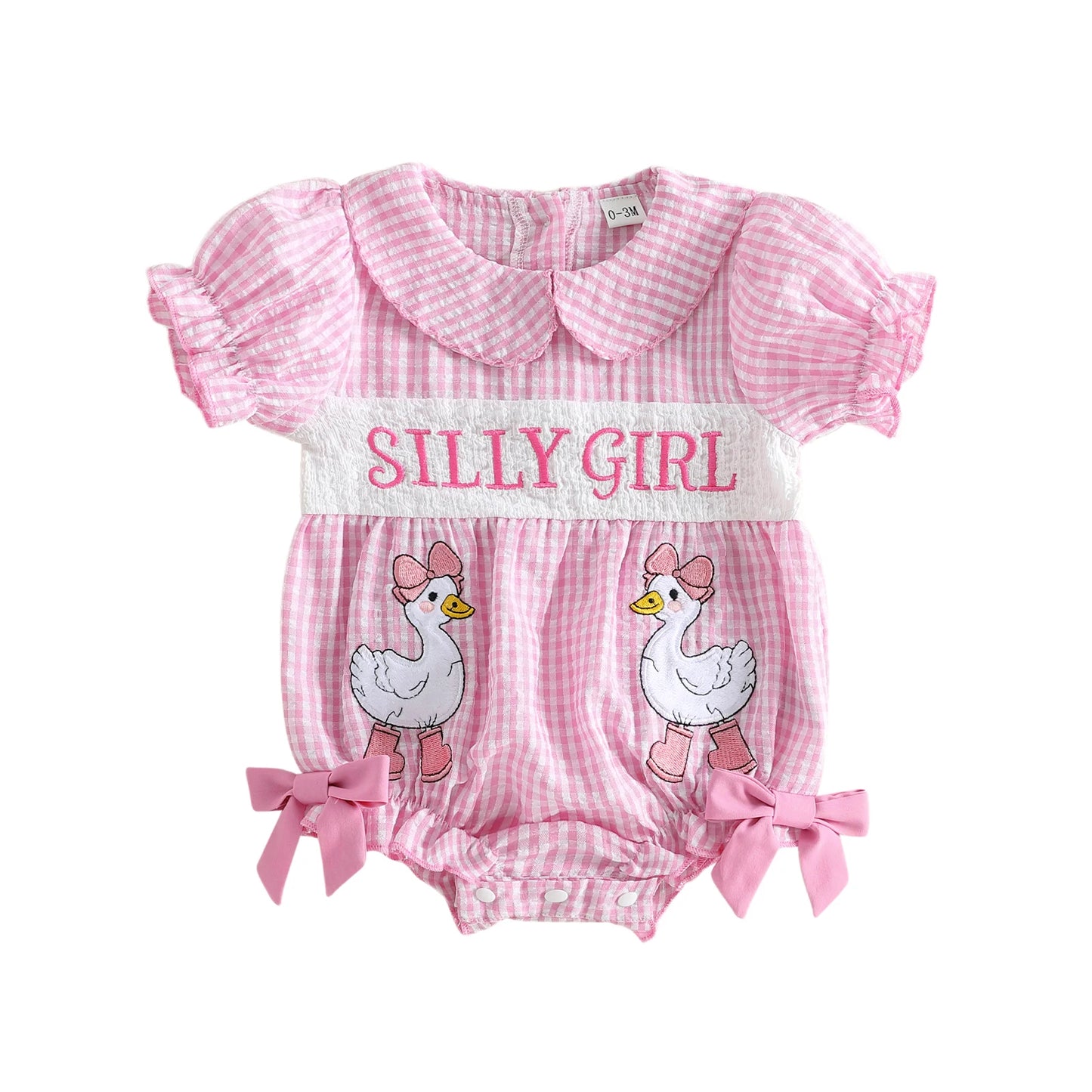 Adorable Baby Girl Romper with Puff Sleeves and Doll Collar Featuring Embroidered Letters and Plaid Print Perfect for Summer