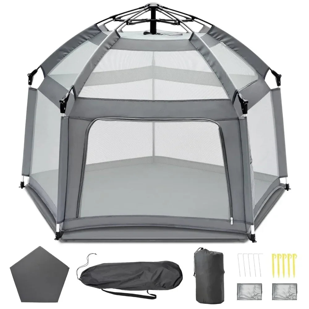 Baby Playpen with Self-Inflating Play Mat & Travel Bag, Portable Outdoor Playpen for Babies and Toddlers, Foldable Pop Up Play T