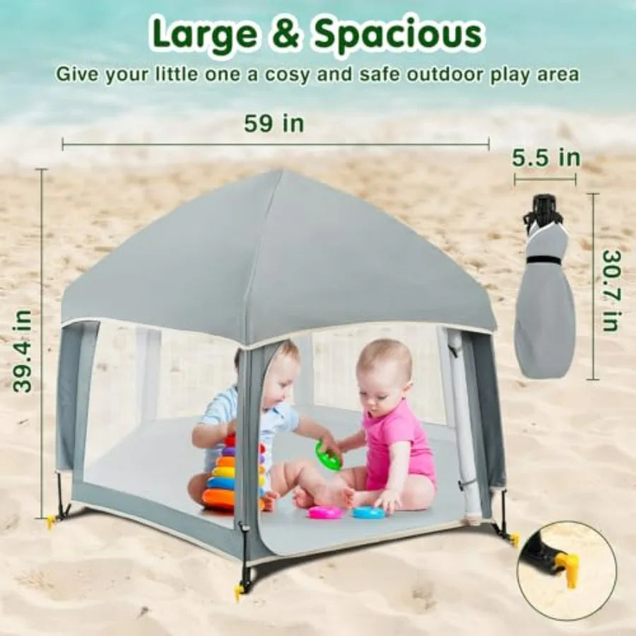 Light Gray Pop Up Playpen for Baby 150100 cm LH with Removable Sun-Shades 2 Side UV Covers Lightwght Outdoor Baby Playpen for B
