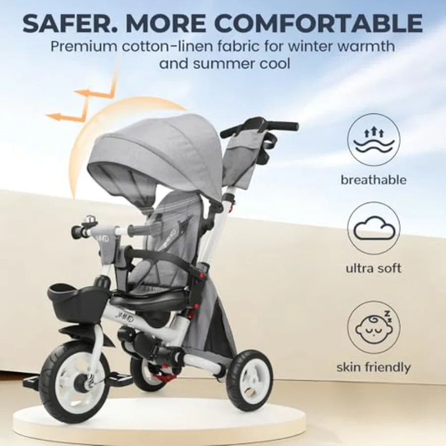 8 in 1 Foldable Tricycle Stroller with Push Handle for 18 Months to 5 Years Gray 360 Swivel Seat Reclining Backrest All-Terrain