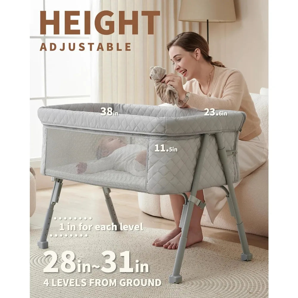 Bassinet Bedside Sleeper, Baby Crib for Newborn, Baby Bassinets Bedside Sleeper with 4 Auto-Lock & Adjustable Height, Breathable