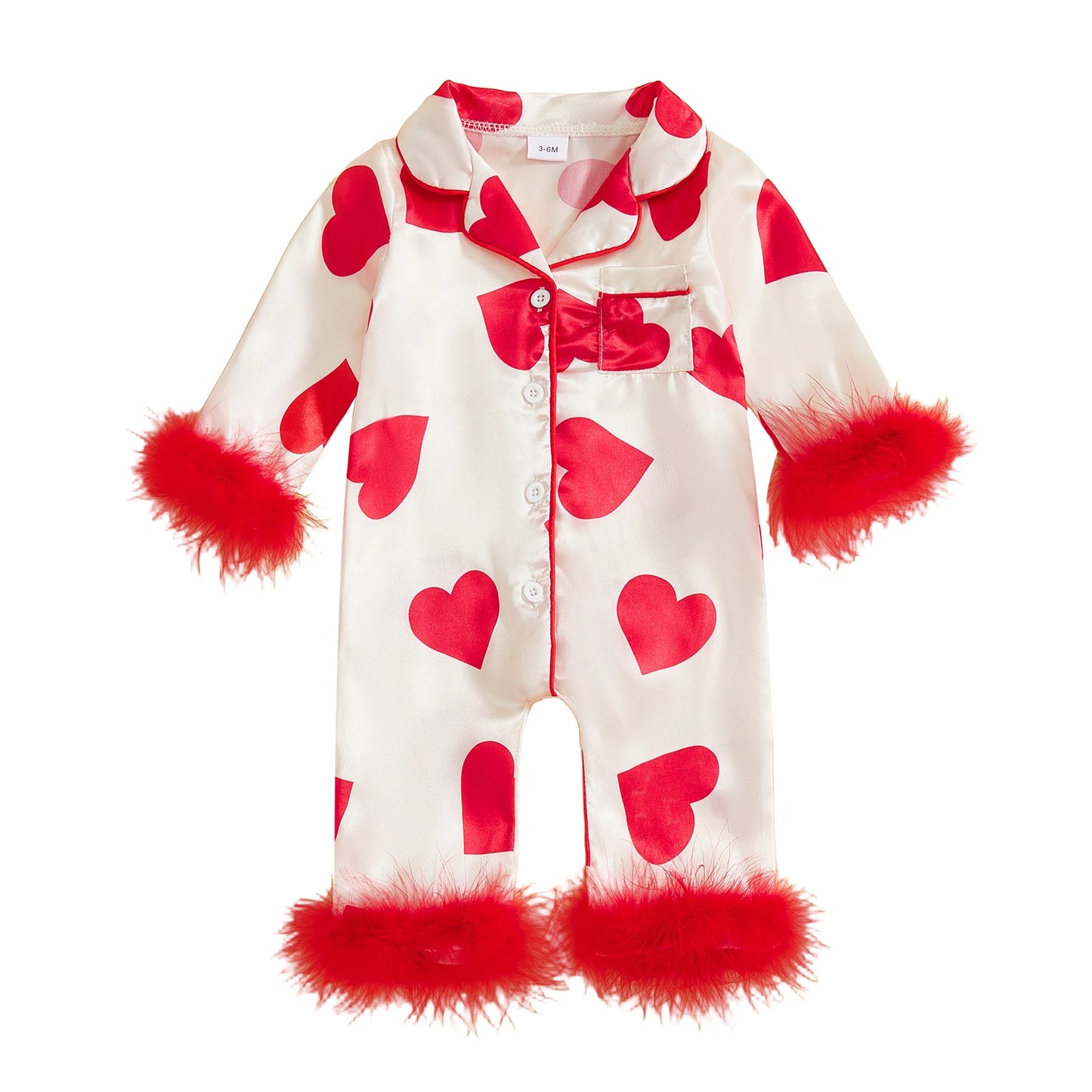 Valentine's Day Spring Newborn Baby Boys Casual Rompers Heart Print Feather Long Sleeve Button Satin Jumpsuits Playsuits