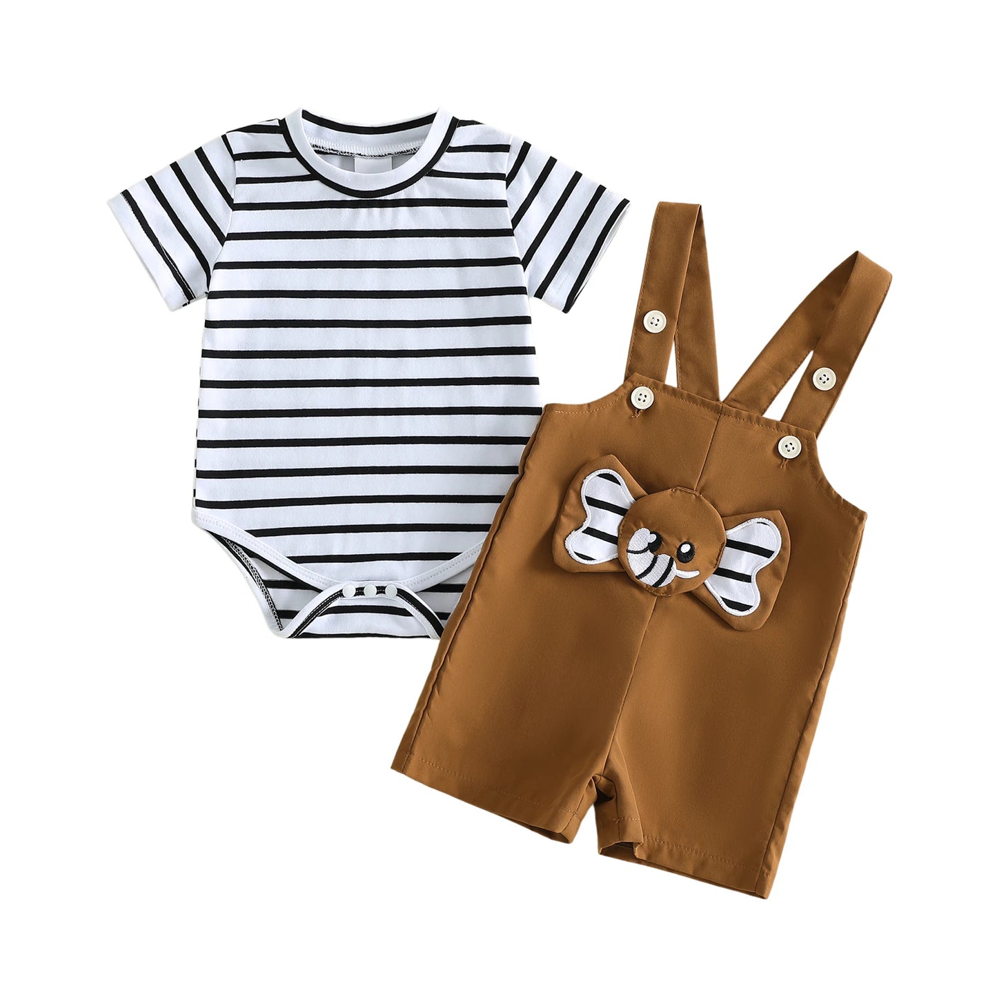 Toddler Boys Casual Outfits Striped Short Sleeve T-shirt and Denim Overalls Set with Cute Animal Patchwork 2 Pieces Summer