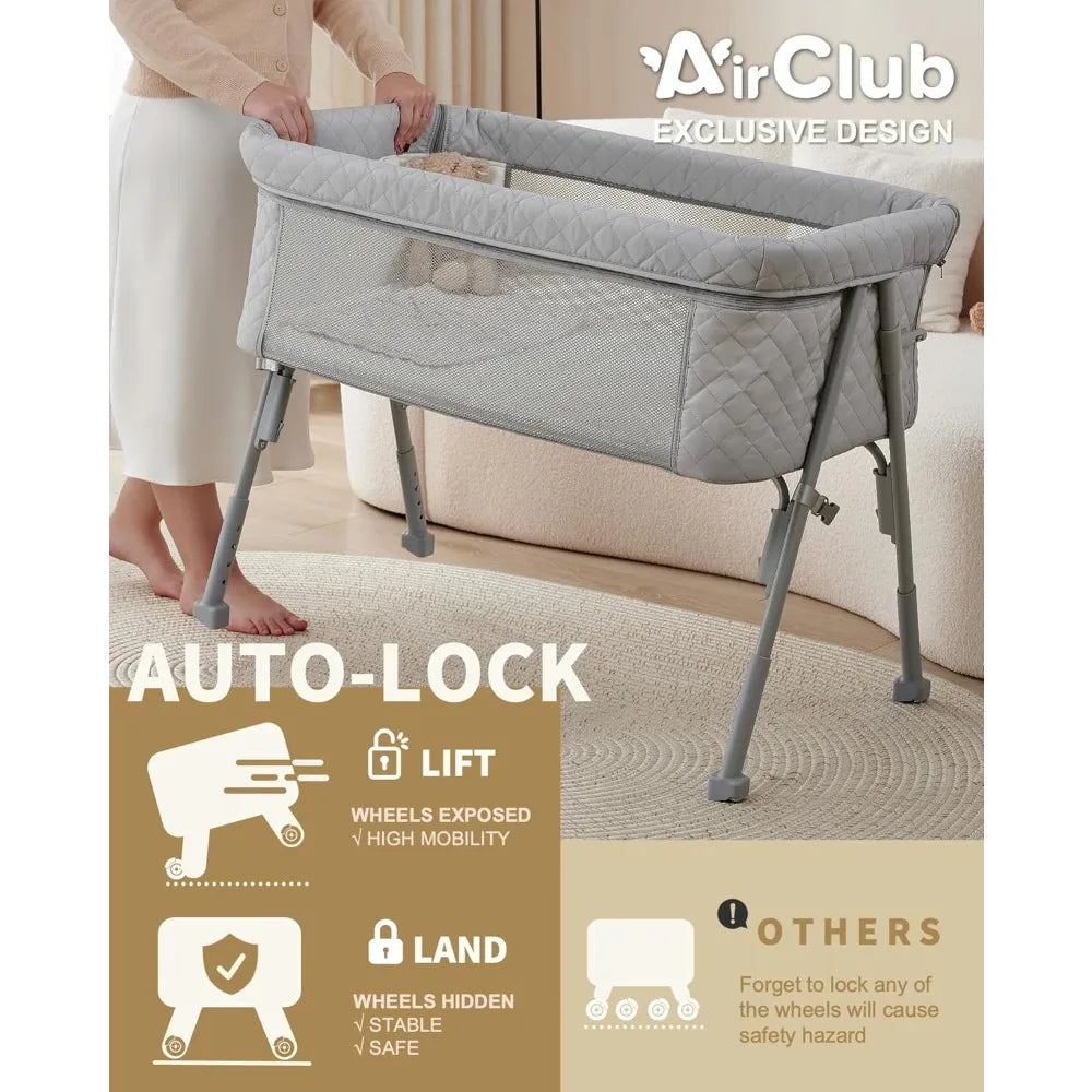 Bassinet Bedside Sleeper, Baby Crib for Newborn, Baby Bassinets Bedside Sleeper with 4 Auto-Lock & Adjustable Height, Breathable
