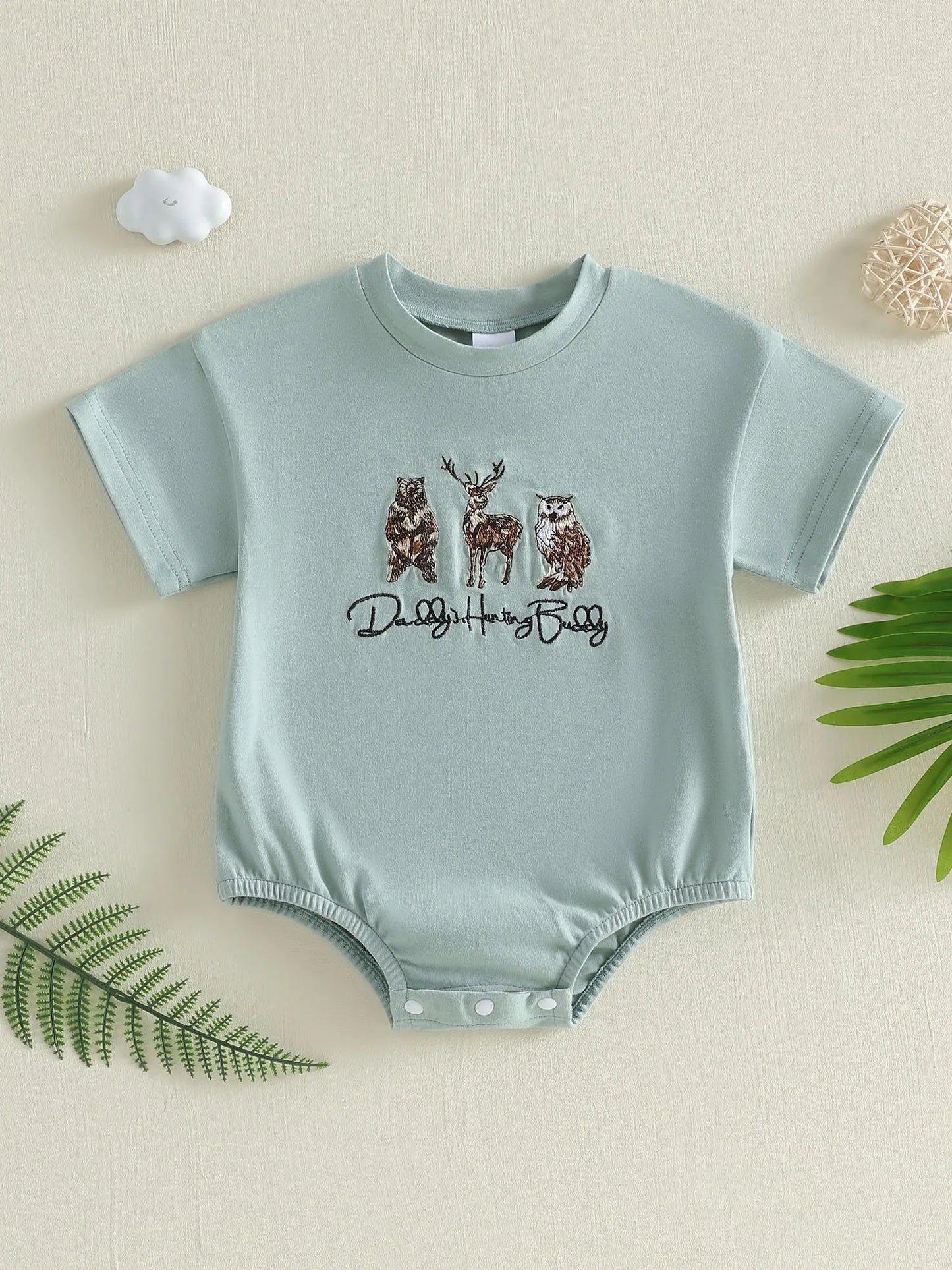 Adorable Toddler Boy s Stylish Romper with Cute Animal Patchwork and Trendy Letter Embroidery Short Sleeve Round Neck