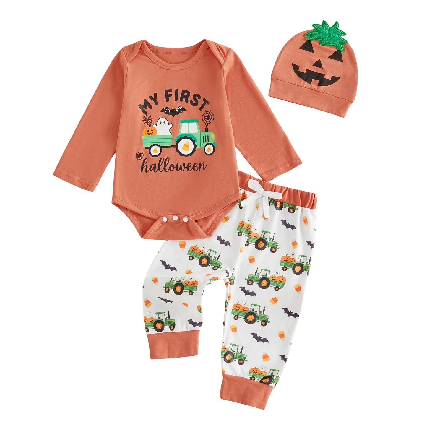 Adorable Toddler Boy Halloween Costume Set with Pumpkin Print Romper Pants and Hat - 3 Piece Fall Outfit for Baby Boy