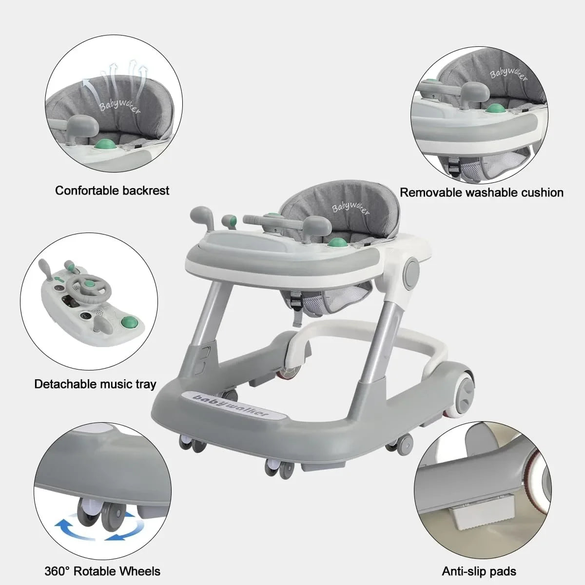 2 in 1 Baby Walker, Toddler Baby Push Walker with Removable Feeding Tray and Music Tray(Without Battery), Activity Walker