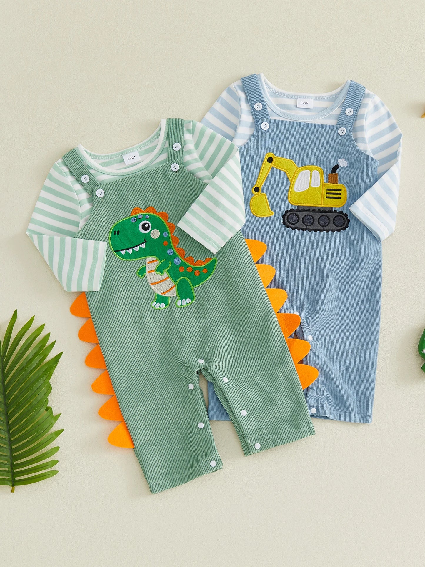 Toddler Boys Autumn Clothes Striped Crew Neck Shirt and Dino Print Overalls Set for Fall Season Fashion 2 Piece Outfit