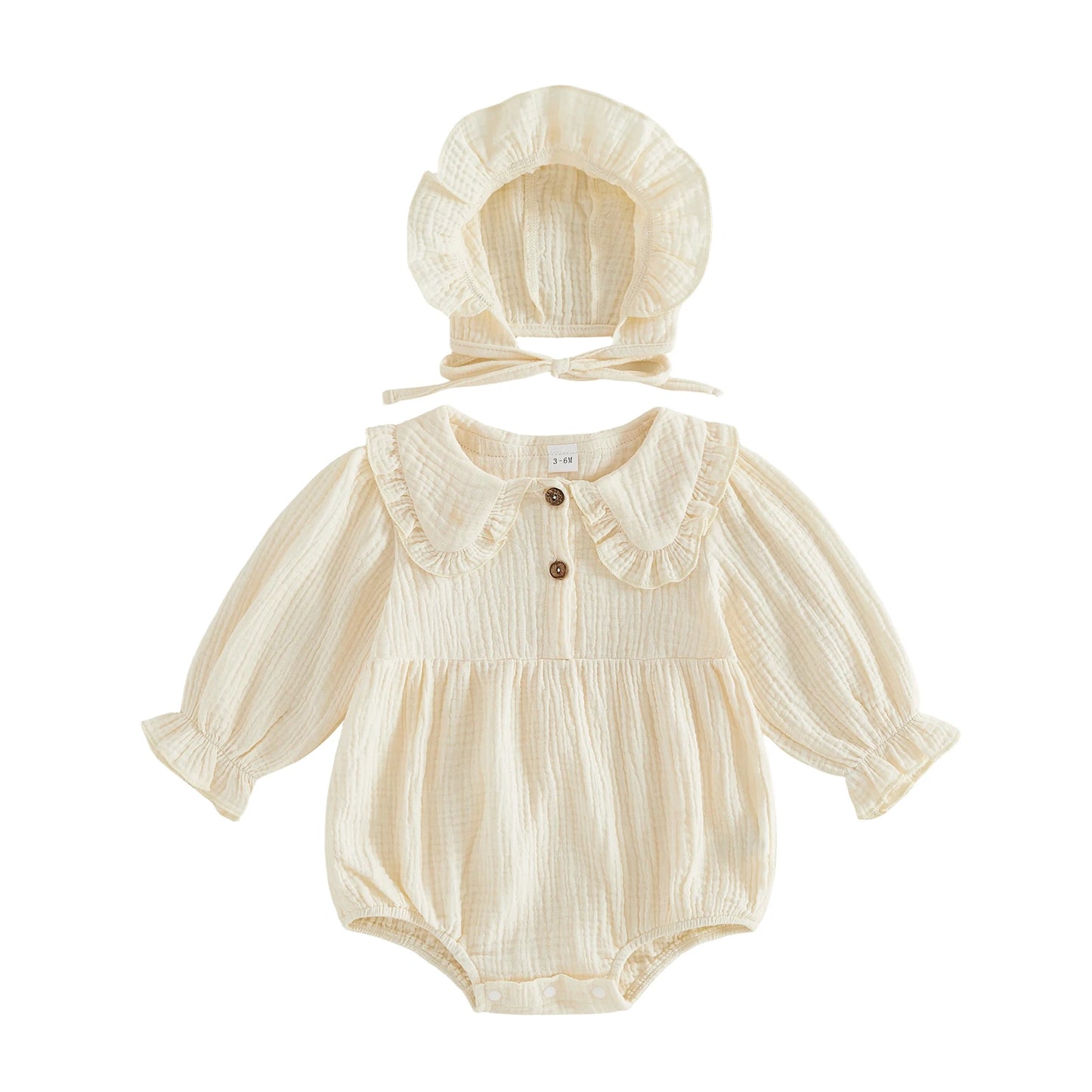Infant Girls Cotton Linen Romper Set with Hat Long Sleeve Solid Color Jumpsuit and Matching Doll Collar Outfit