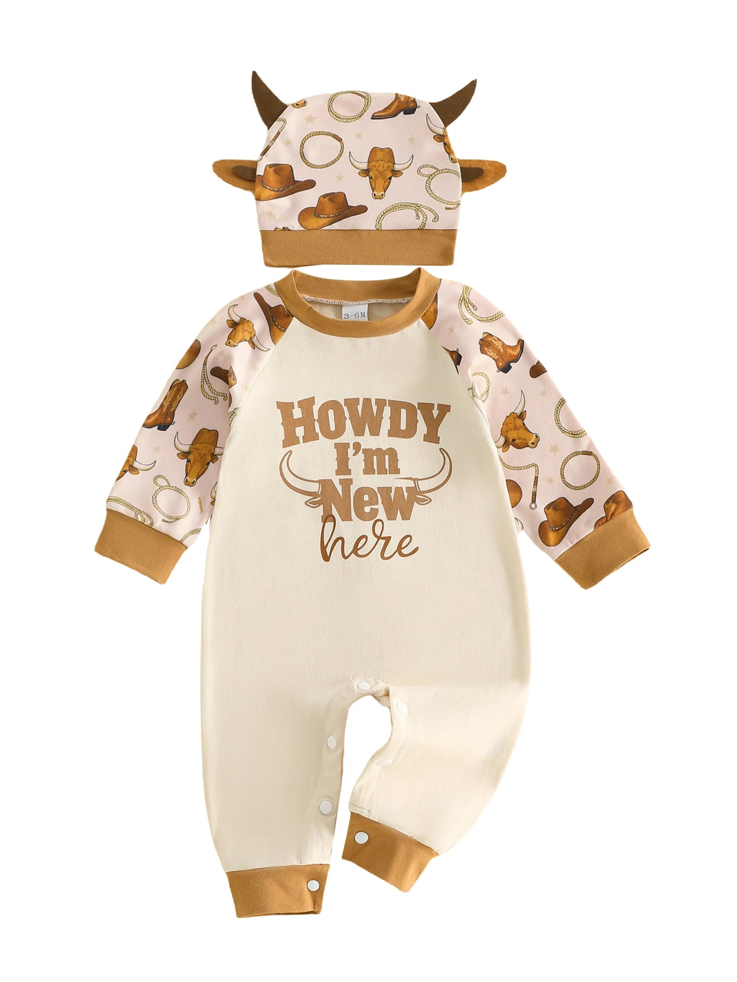 Cute Infant Cow Print  with Matching Horned Hat for Autumn - Adorable Western Style Romper Set for Baby Boy