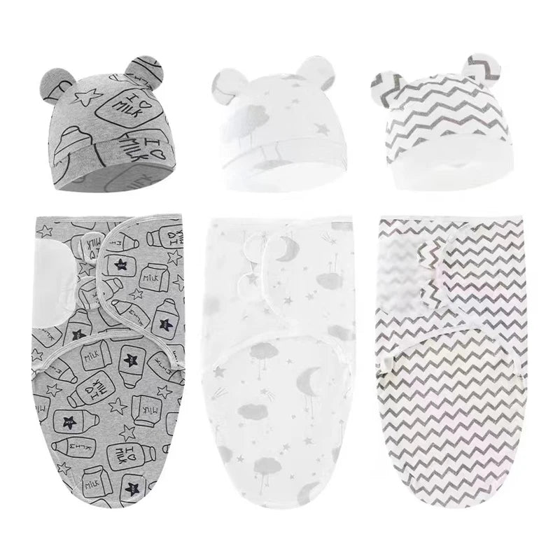 Newborn 0-6M Cartoon Printed Cotton Swaddle Set - Adjustable All-Season Baby Blanket & Hat