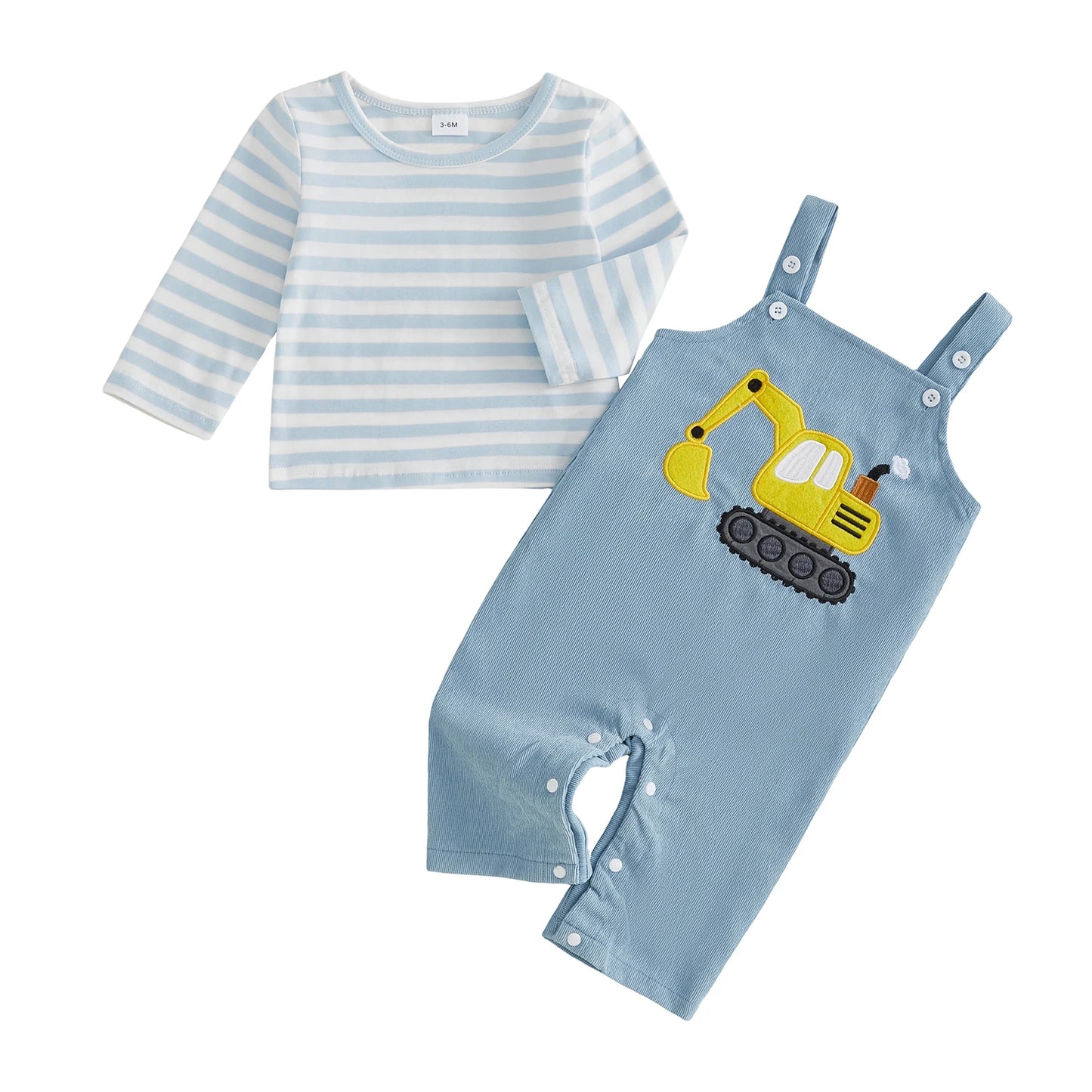 Toddler Boys Autumn Clothes Striped Crew Neck Shirt and Dino Print Overalls Set for Fall Season Fashion 2 Piece Outfit