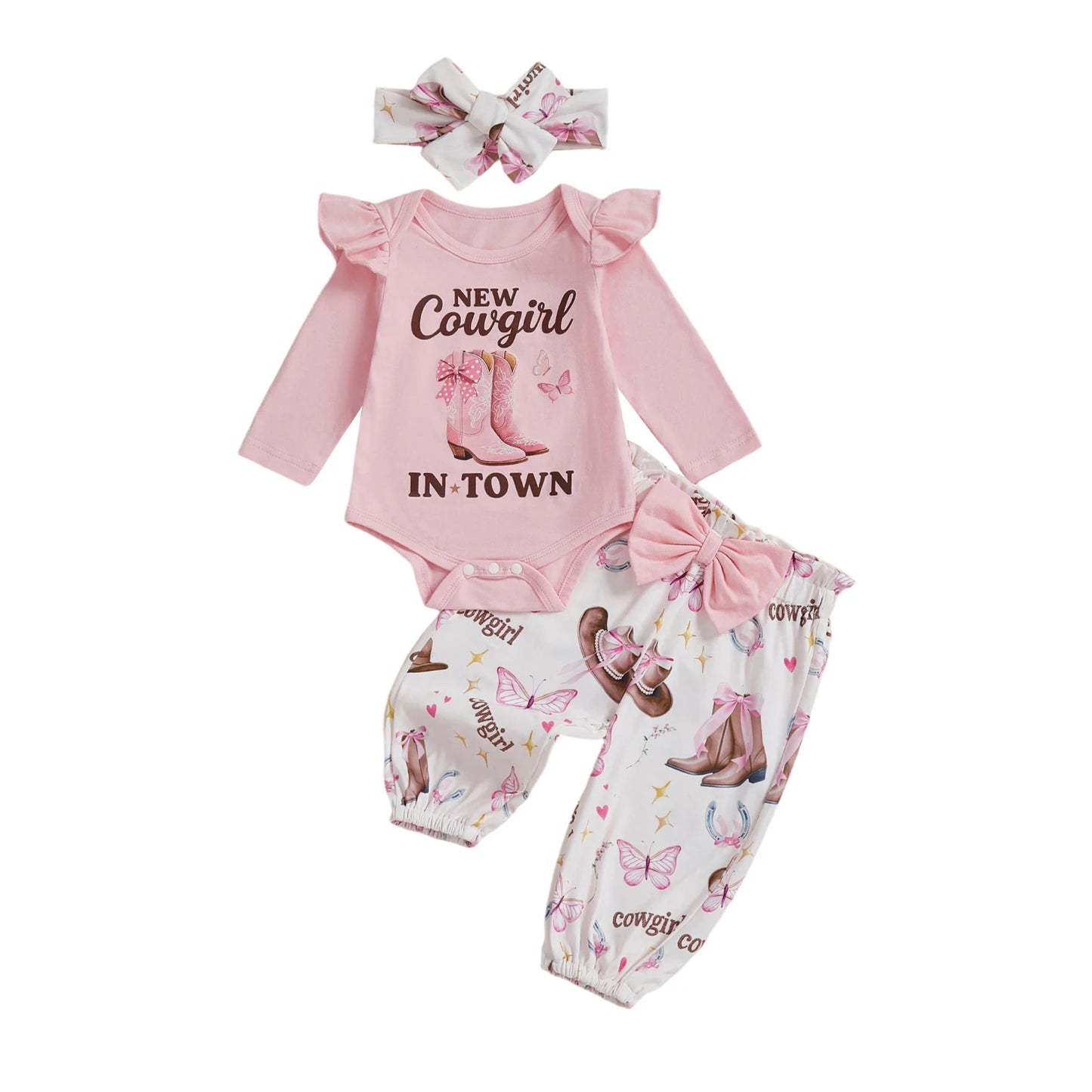 Baby Girl Western Outfits Letter Long Sleeve Round Neck Romper Floral Pants Headband 3 Pcs Set