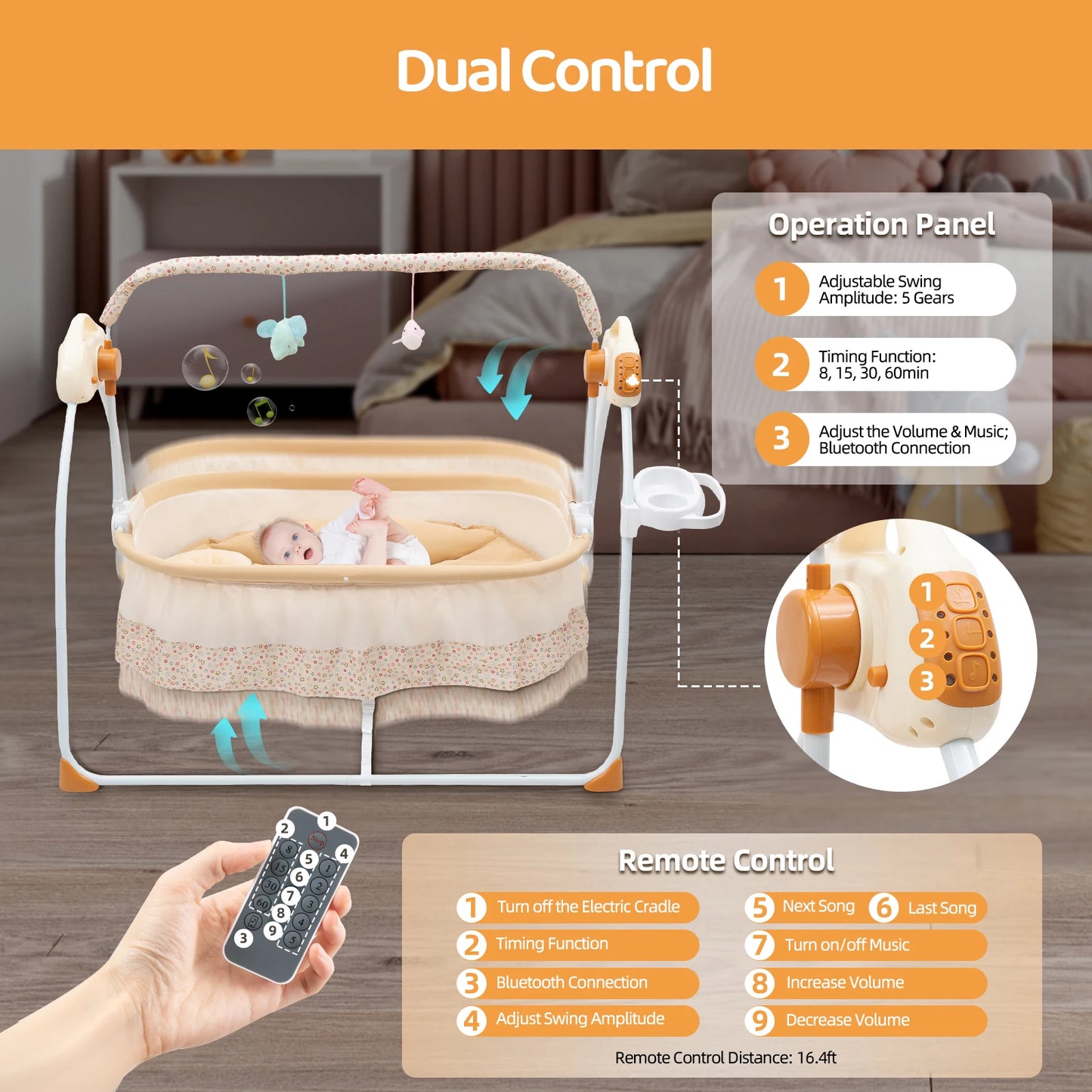 Electric Baby Crib Cradle, 0-18 MonthsInfant Bed Auto Swing with Remote Control&Music,25KG/55LBS Capacity,Foldable Baby Bassinet