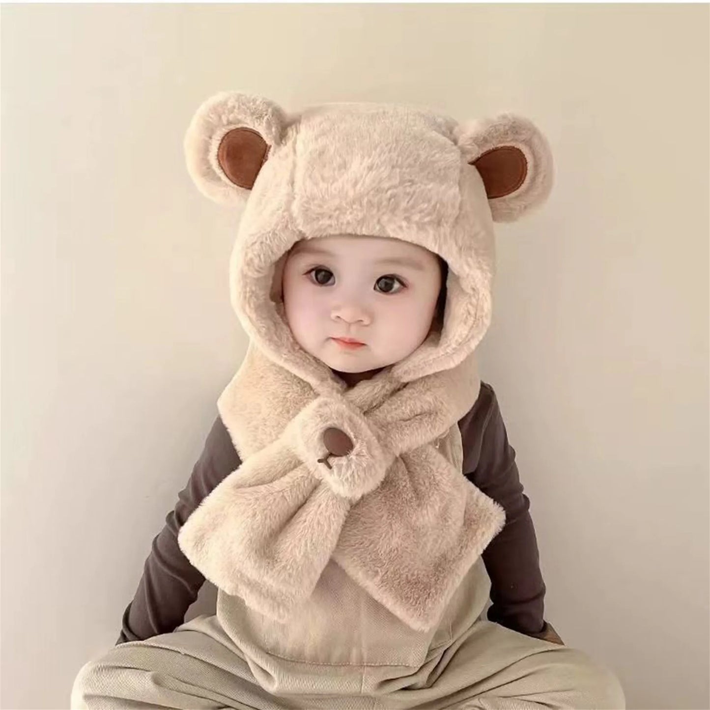Kids Children Winter Warm Plush Animal Hooded Scarf Hat Gloves Set Cute Bear Earflap Beanie Mitten Present Gift