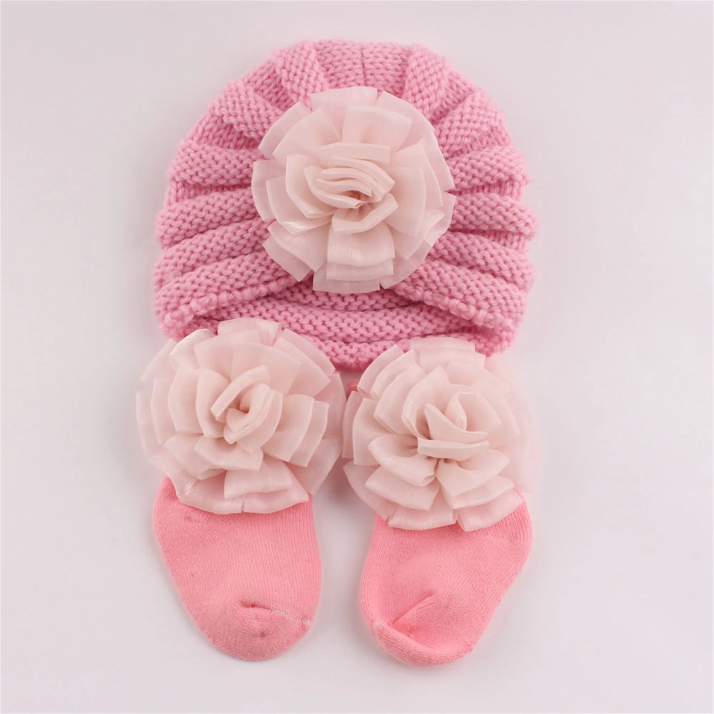 Adorable Baby Girl Knitted Hat and Socks Set with Delicate Floral Embroidery - Cozy Infant Winter Beanies and Booties