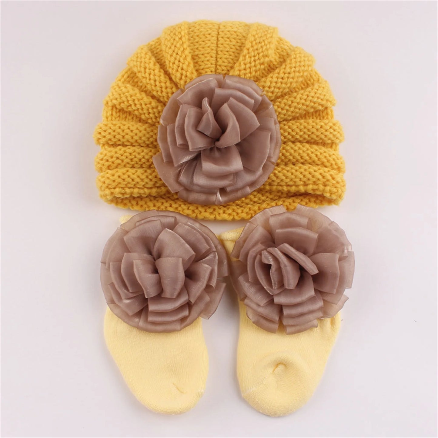 Adorable Baby Girl Knitted Hat and Socks Set with Delicate Floral Embroidery - Cozy Infant Winter Beanies and Booties