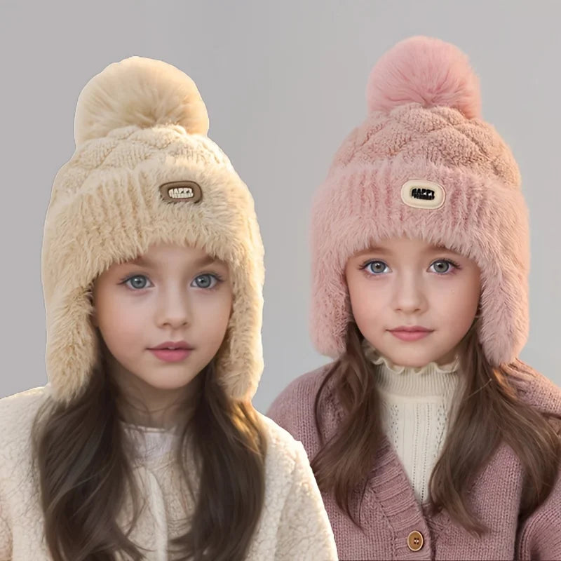 Unisex Kids Winter Windproof Beanie with Ear Flaps - Pastel Pink Warm Hat for Skiing & Snowboarding