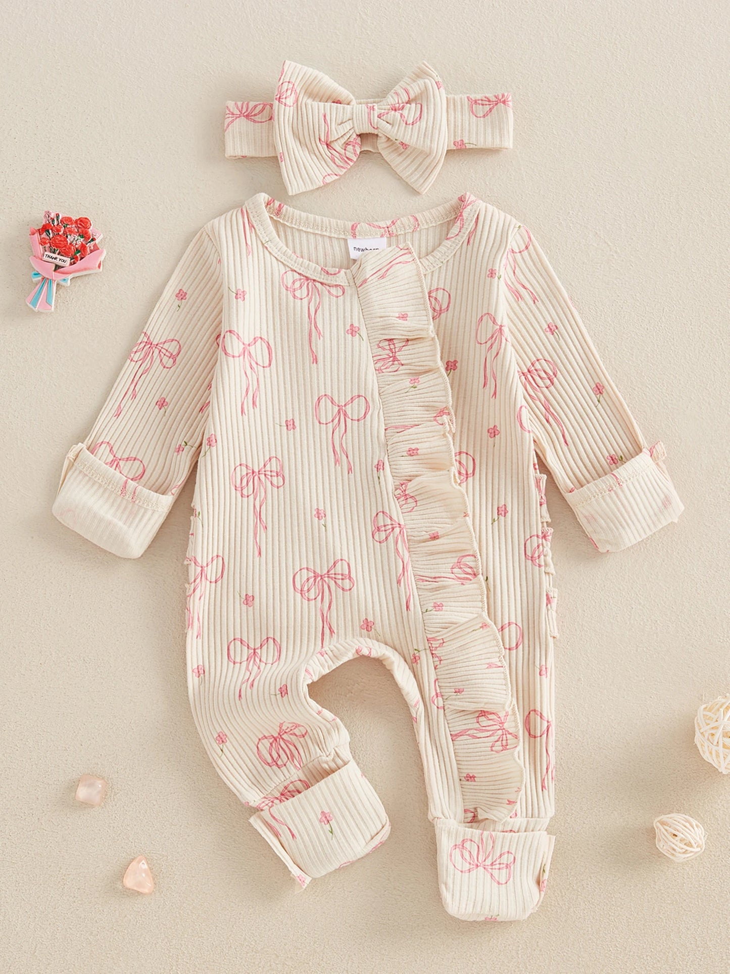 Adorable Baby Girls Floral Print Ruffle Sleeve Romper with Matching Bow Headband Set for Stylish Toddler Outfits and Photoshoots