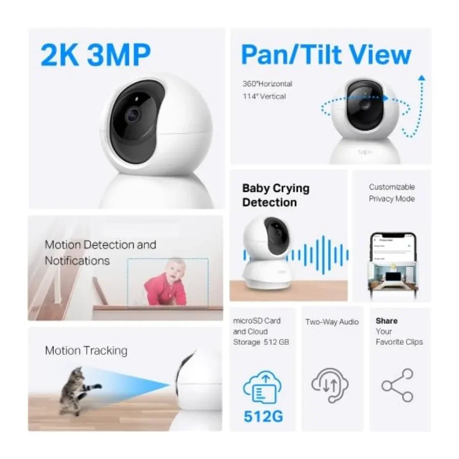 Tapo 2K Pan/Tilt Security Camera for Baby Monitor, Dog Camera w/Motion Detection, 2-Way Audio Siren, Night Vision, CloudandSD C