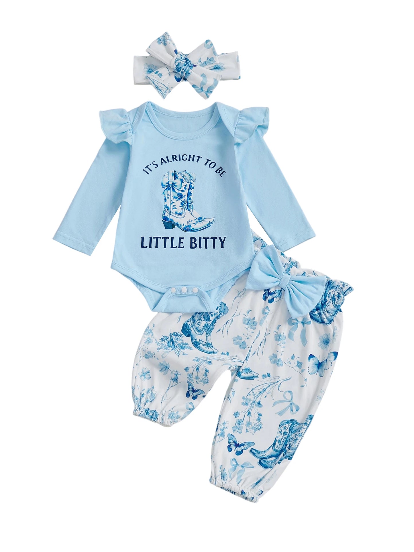 Baby Girl Western Outfits Letter Long Sleeve Round Neck Romper Floral Pants Headband 3 Pcs Set