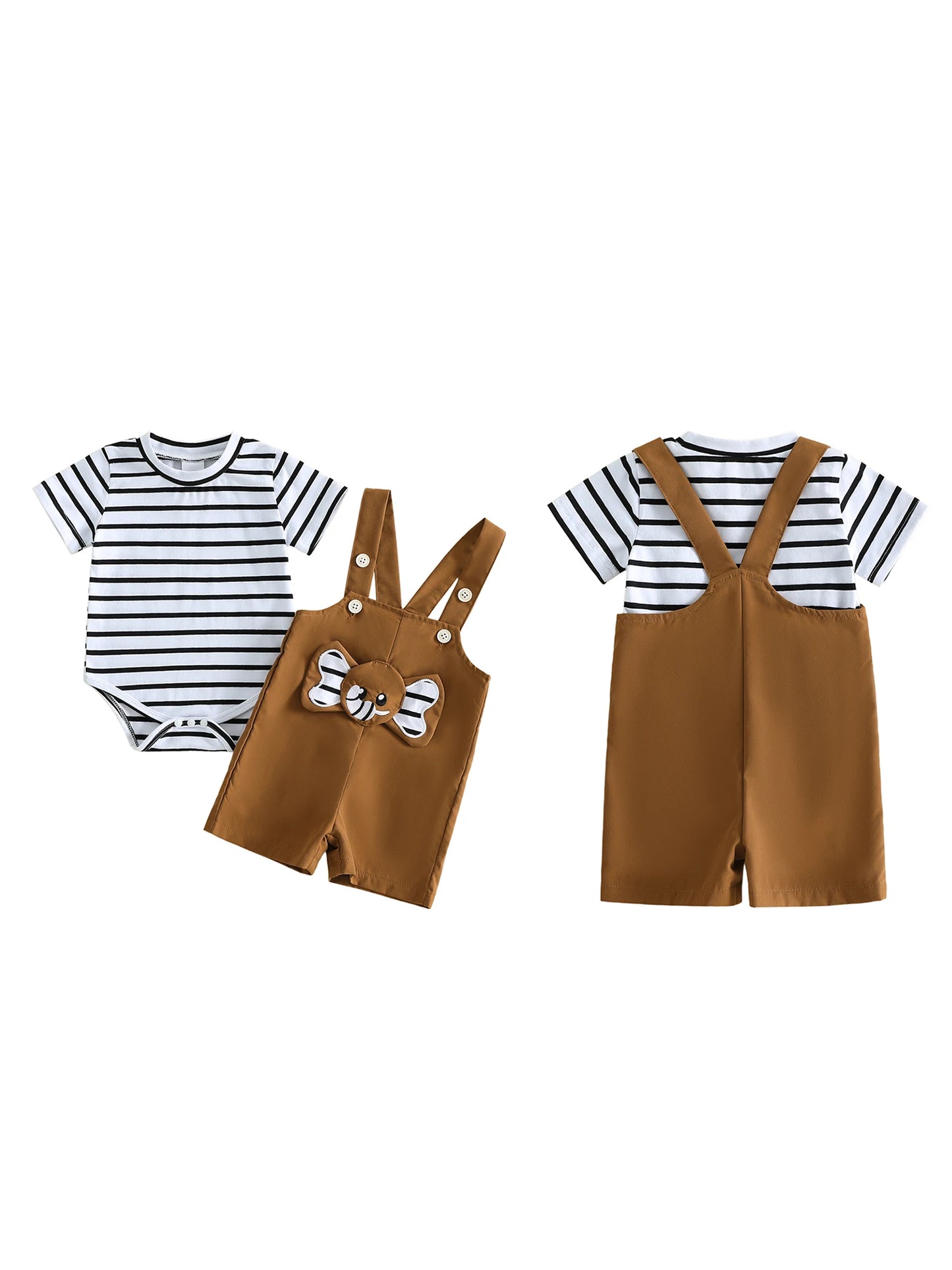 Toddler Boys Casual Outfits Striped Short Sleeve T-shirt and Denim Overalls Set with Cute Animal Patchwork 2 Pieces Summer