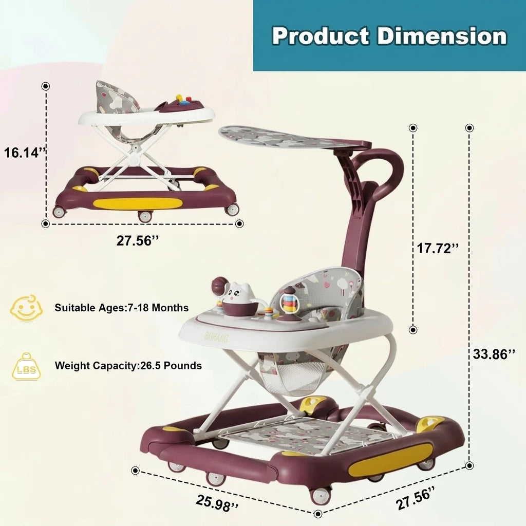 Multi-Functional Baby Walker with Awning Anti-Rollover Adjustable Sitting Shaking Design Comfort Toddler Walker for Boys Girls