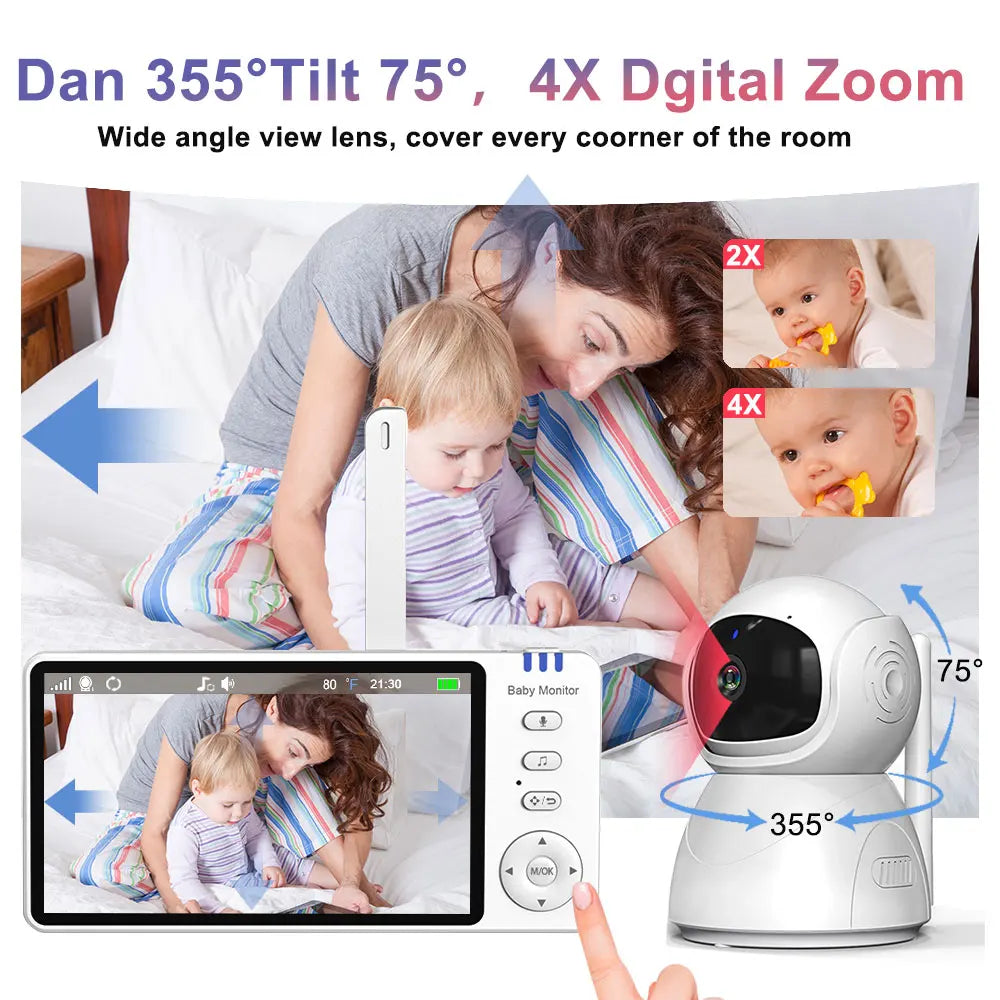 5.0 Inch Electronic Baby Monitor With Pan-Tilt-Zoom Camera Battery IPS Screen Wireless Babysitter Video Audio Lullaby Baby Nanny