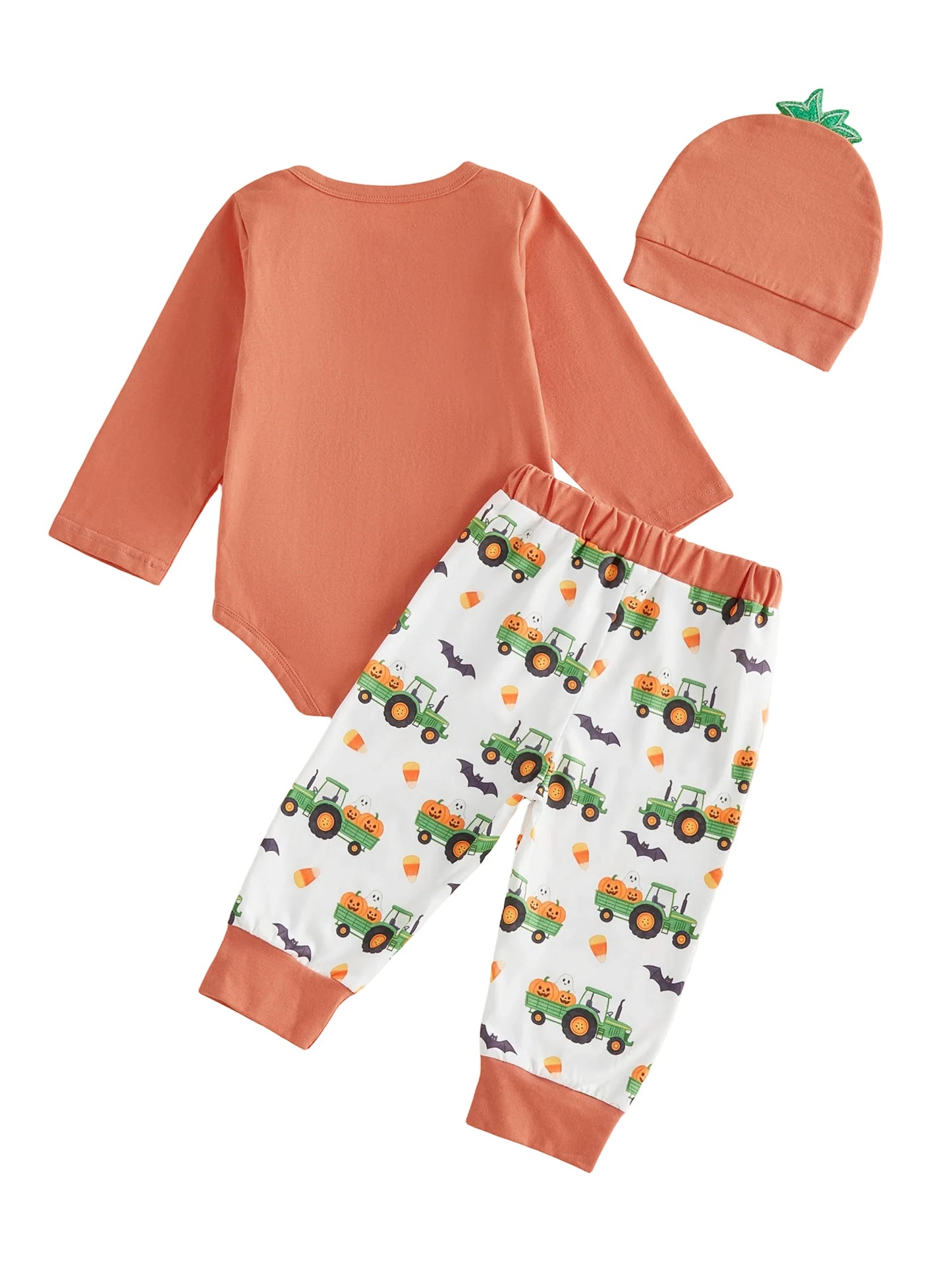 Adorable Toddler Boy Halloween Costume Set with Pumpkin Print Romper Pants and Hat - 3 Piece Fall Outfit for Baby Boy