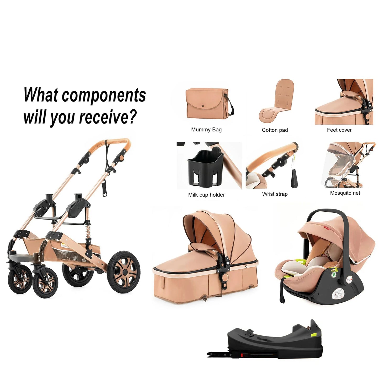 3 in 1 Baby Stroller Up to 55lbs,Baby Travel System Combo Car Seat,Baby Carriage 3in1 with Isofix Base,Foldable Newborn Pram,Reversible Standard Stroller
