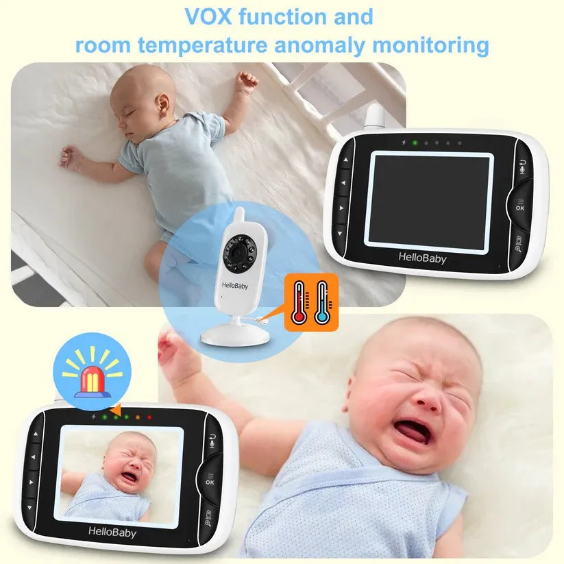 HelloBaby Video Baby Monitor with Camera and Audio, 3.2Inch LCD Display, Infrared Night Vision, Two-Way Audio and Room Temperature Monitoring,Lullaby,Sound Activated Screen
