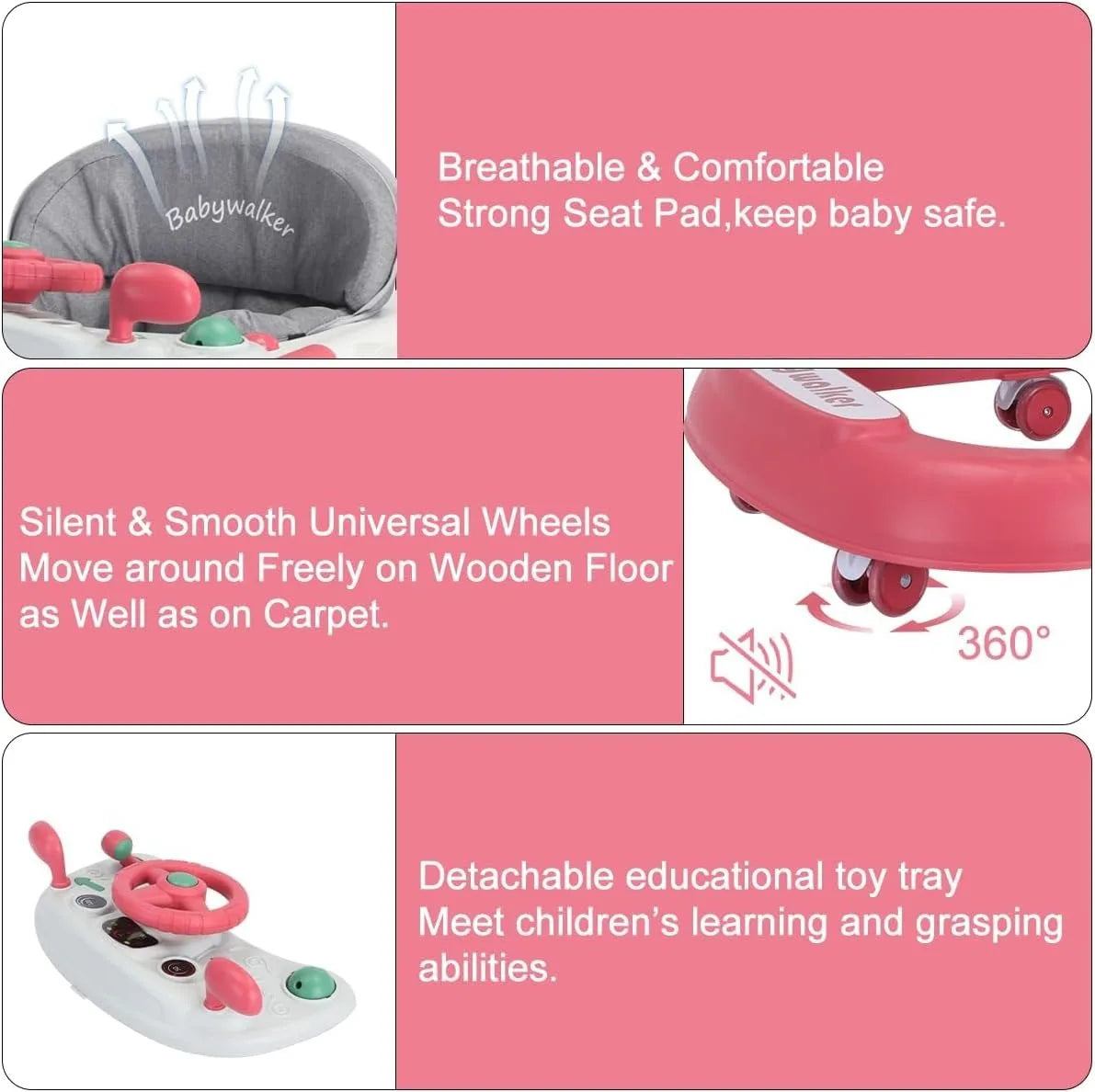 2 in 1 Baby Walker, Toddler Baby Push Walker with Removable Feeding Tray and Music Tray(Without Battery), Foldable Walker